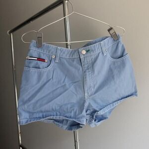 Vtg Tommy Hilfiger Blue Denim Shorts Womens 11 Y2K Flag Logo Sporty Golf Unique